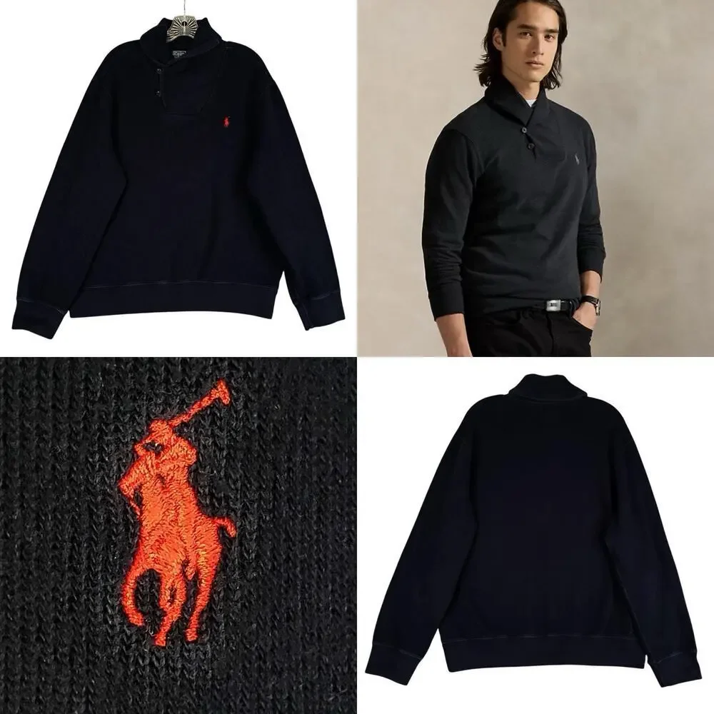 Polo Ralph Lauren Men's Shawl Collar Sweater Terry Knit Sweatshirt Navy Blue